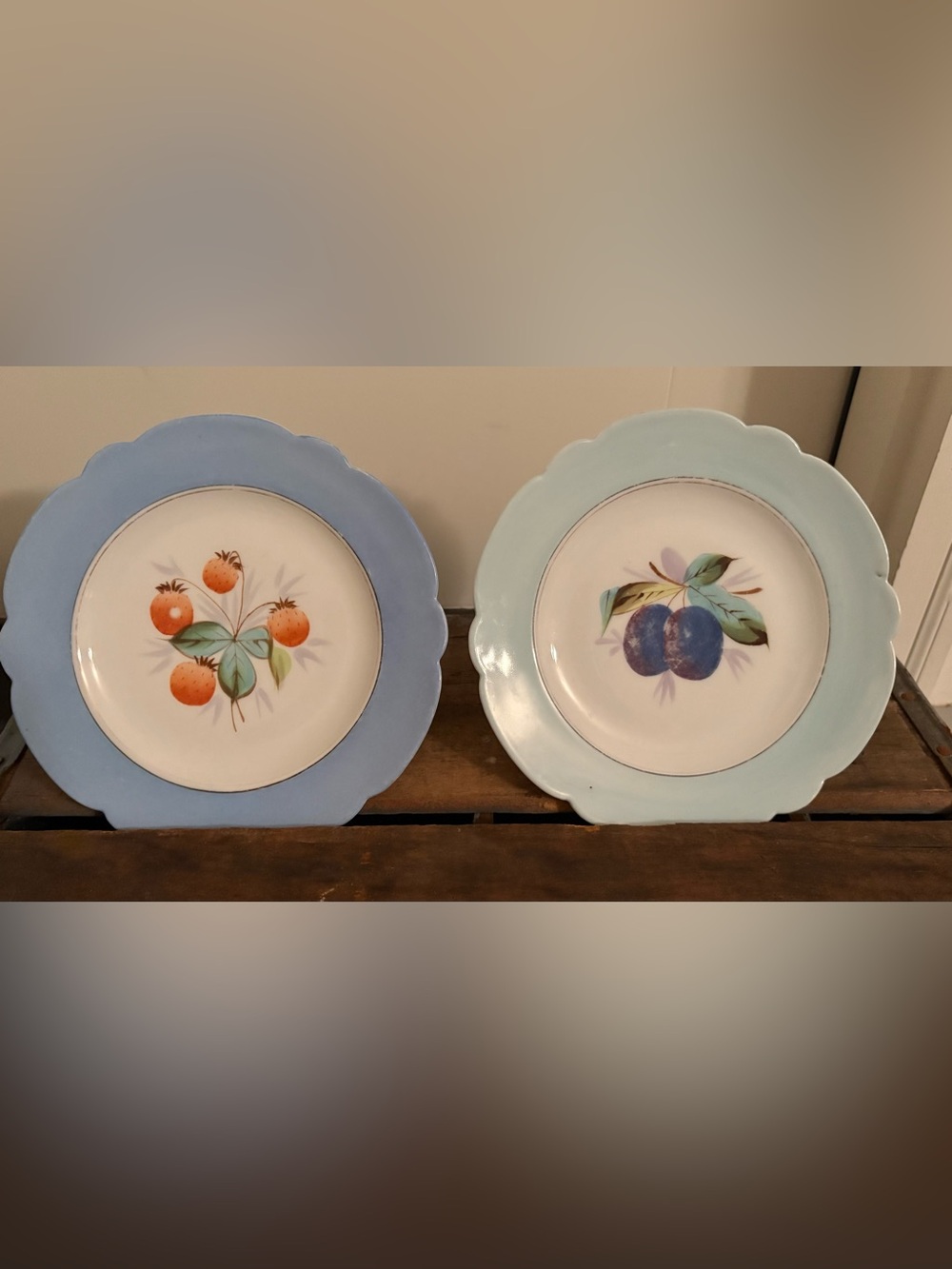 Hand-Painted Fruit Scalloped Edge Decorative Plate Pair - Blue & Light Blue